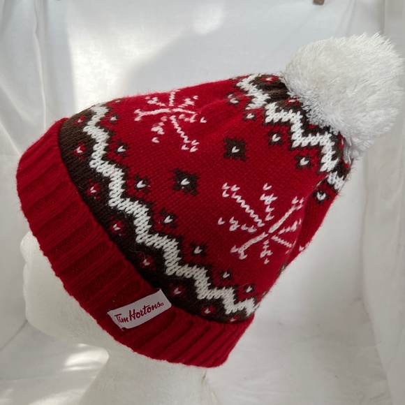 Tim Hortons Toque Pompom Beanie Red Black White Winter Hat One Size Fits All - Picture 5 of 7